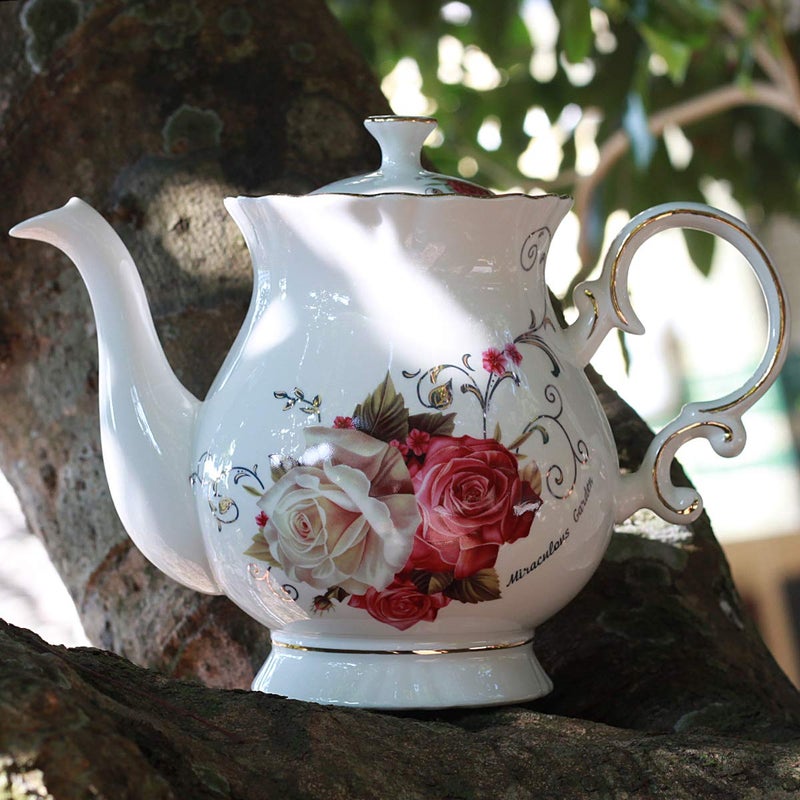 Jomop European Style Ceramic Flower Teapot Coffee Pot Water Pot Porcelain Gift Large 5.5 Cups (1, Rose) - Image 3